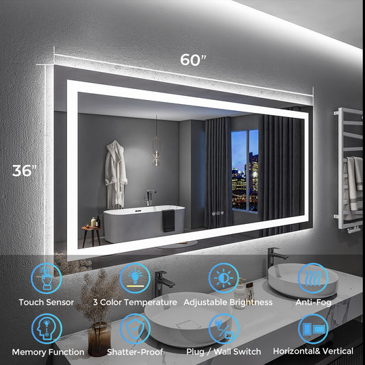 2022 Collection Backlit + Frontlit LED Mirror for Bathroom 60 x 36 Inch