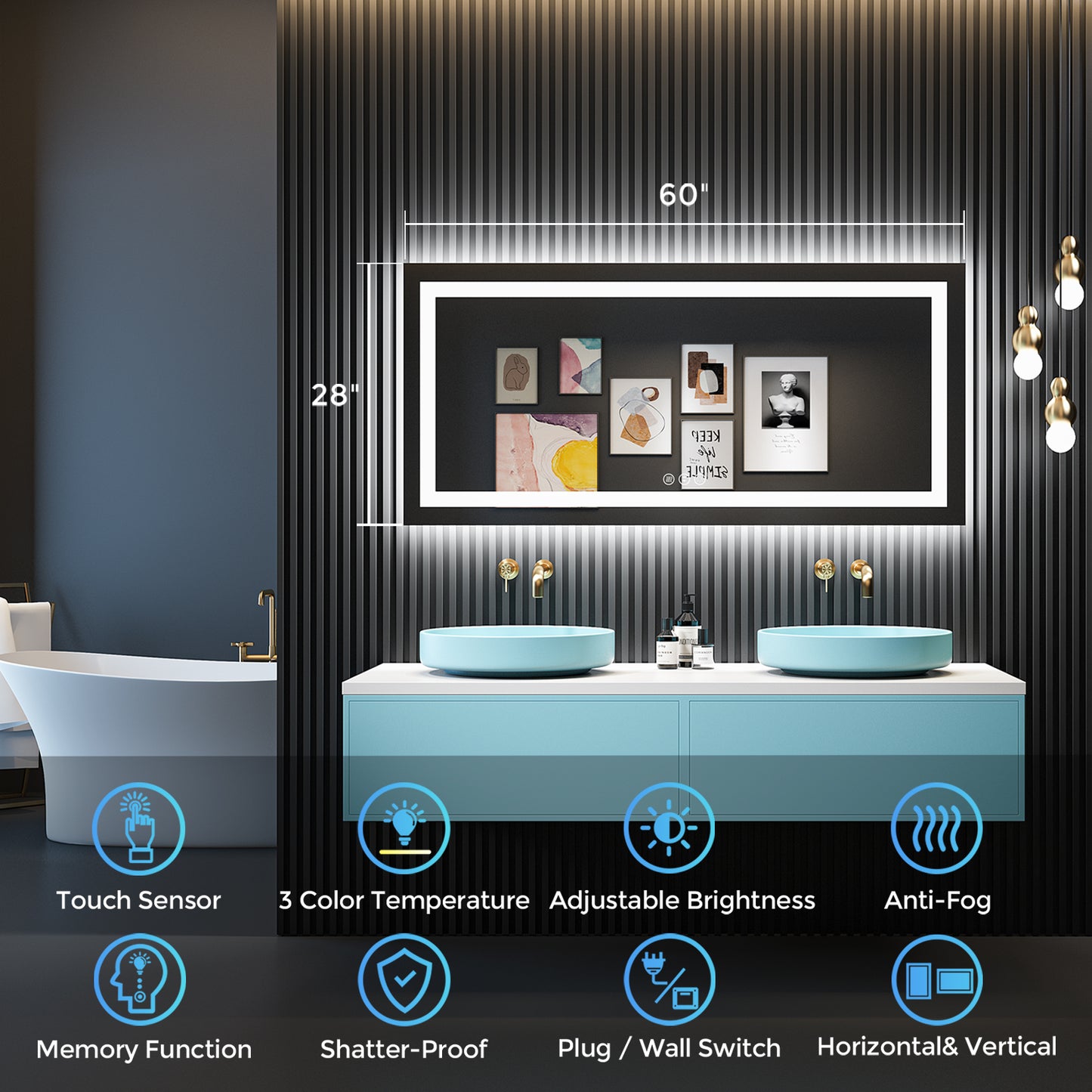 2022 Collection  Backlit + Frontlit LED Mirror for Bathroom 60  x 28 Inch