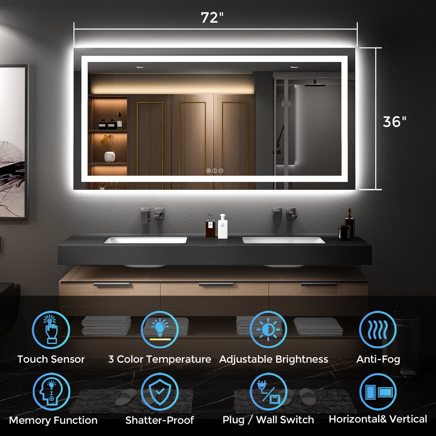 2022 Collection Backlit + Frontlit LED Mirror for Bathroom 72 x 36 Inch