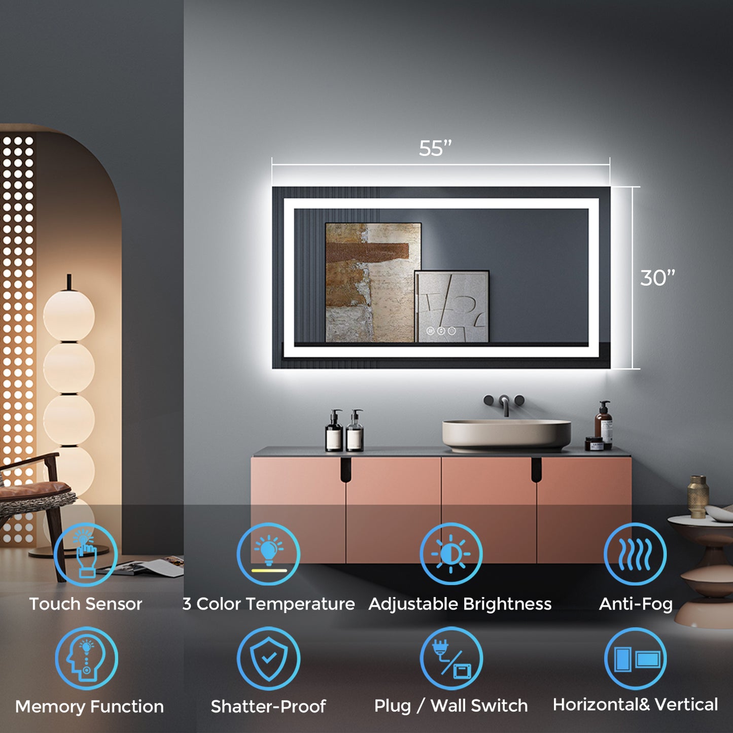 2022 Collection Backlit + Frontlit LED Mirror for Bathroom 55 x 30 Inch