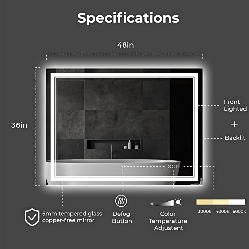 Awandee Home Backlit + Front Lighted Vanity Mirror for Bathroom 48 x 36 Inch