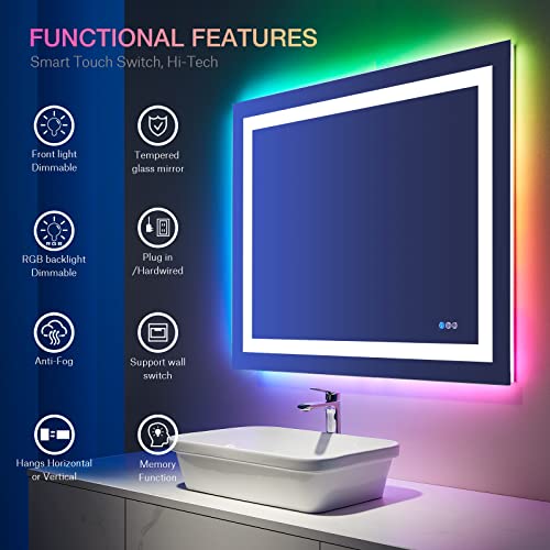 Awandee Home LED Bathroom Mirror with Colorful Lights 40 X 32 inch