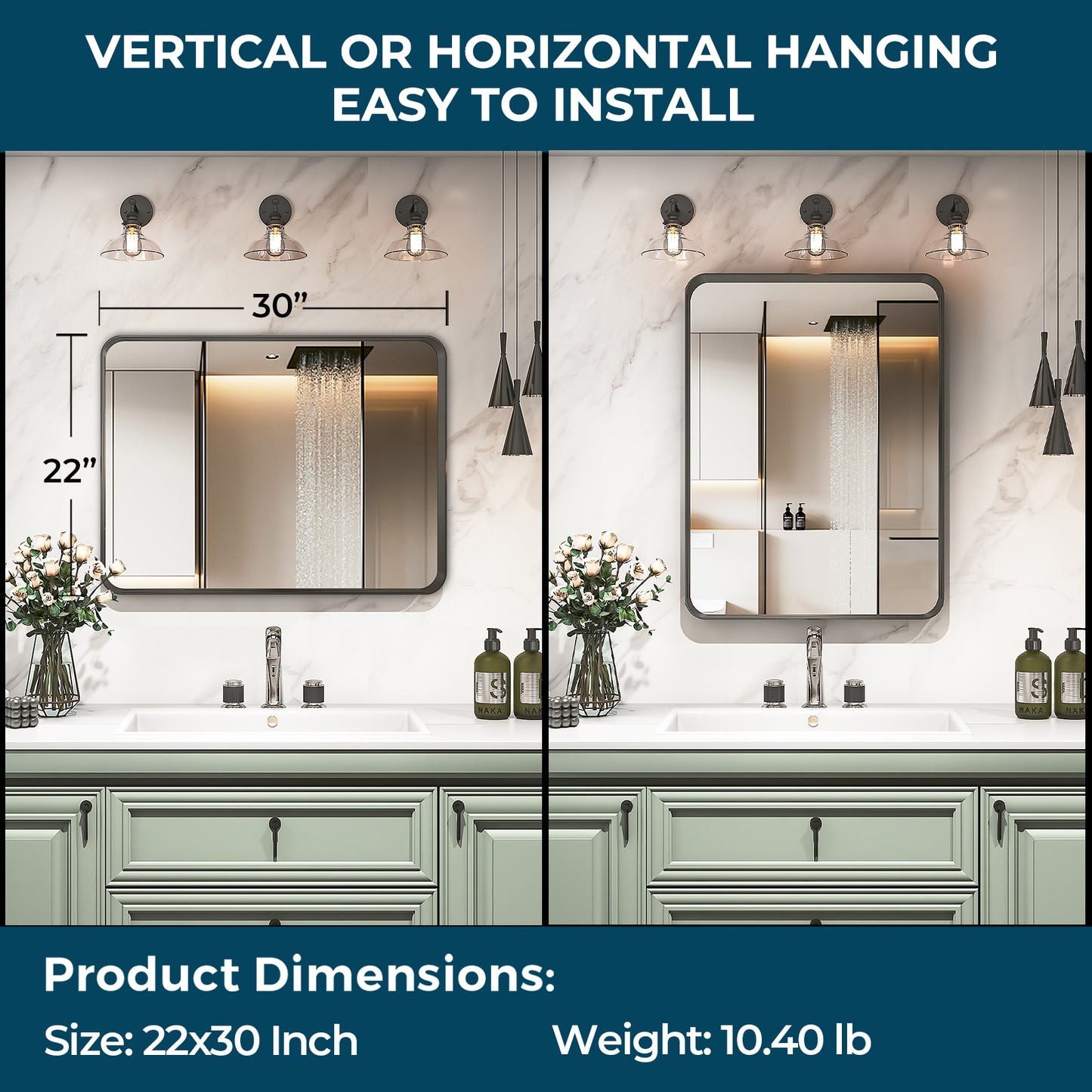 Awandee Home Black Metal Framed Bathroom Mirror for Wall 22 x 30 inch