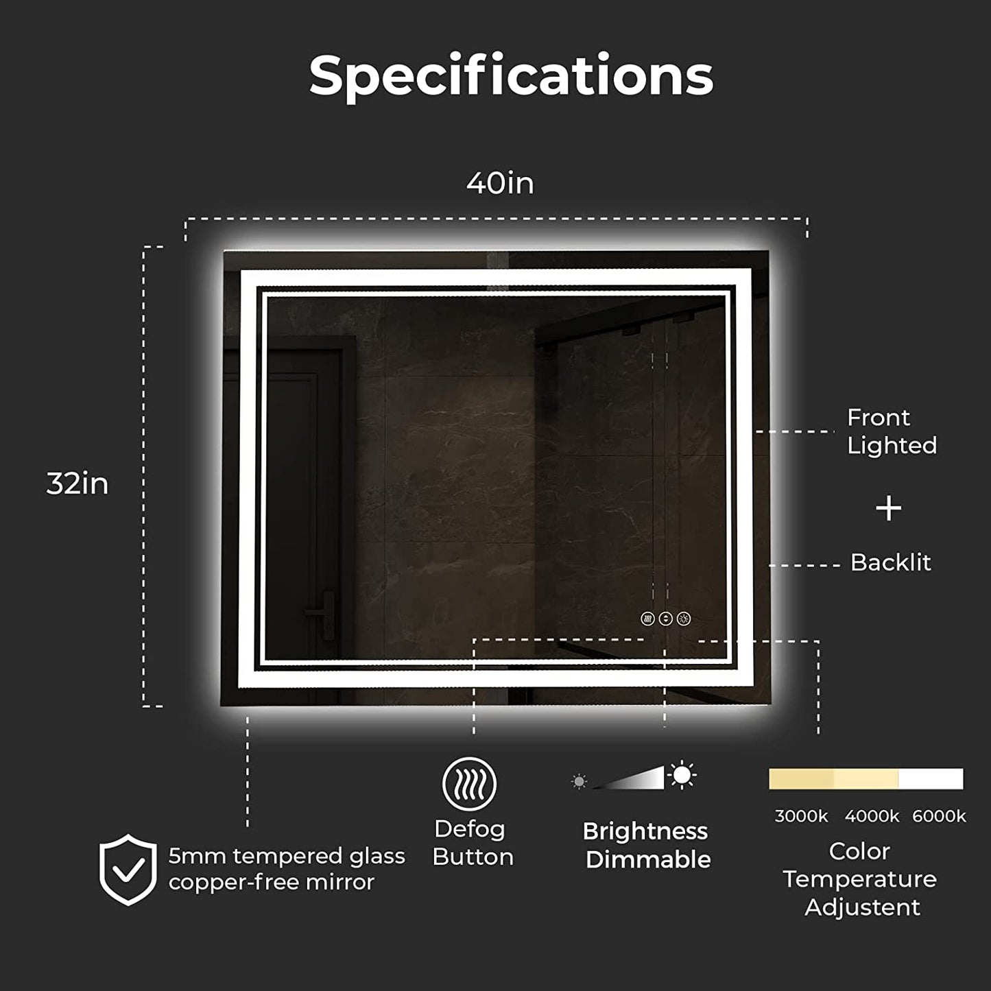 Awandee Backlit + Front-Lighted LED Mirror for Bathroom 40 X 32 Inch