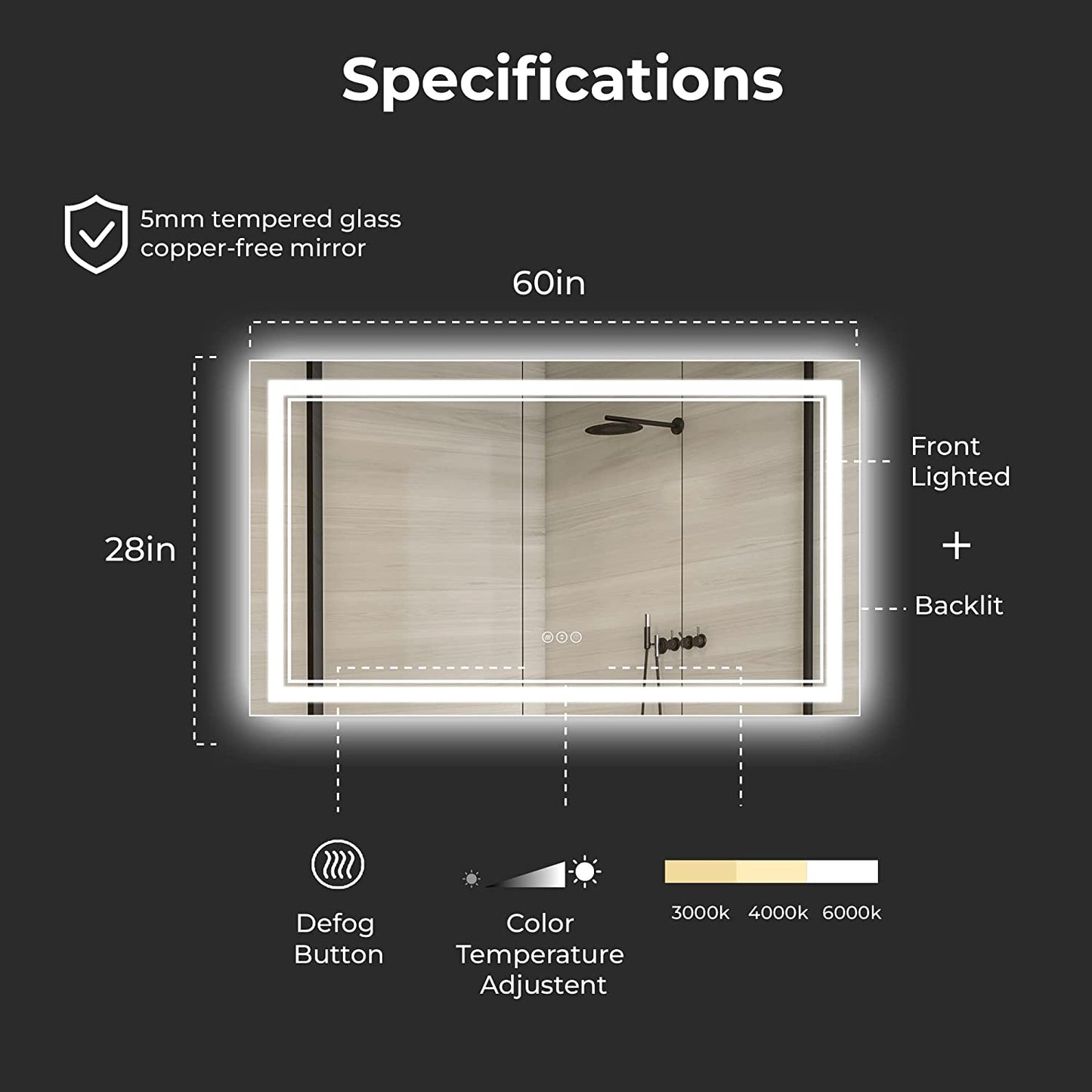 Awandee Home Backlit + Front Lighted Vanity Mirror for Bathroom 60 x 28 Inch