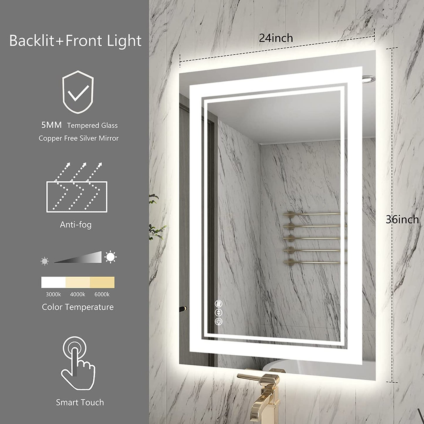 Awandee Backlit + Front-Lighted LED Mirror for Bathroom 24 x 36 Inch