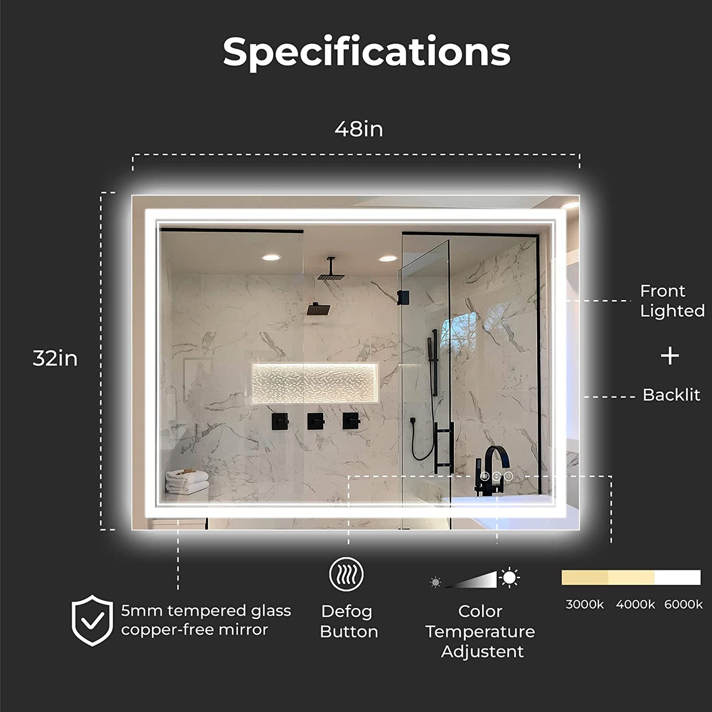 Awandee Backlit + Front-Lighted LED Mirror for Bathroom 48 x 32 Inch