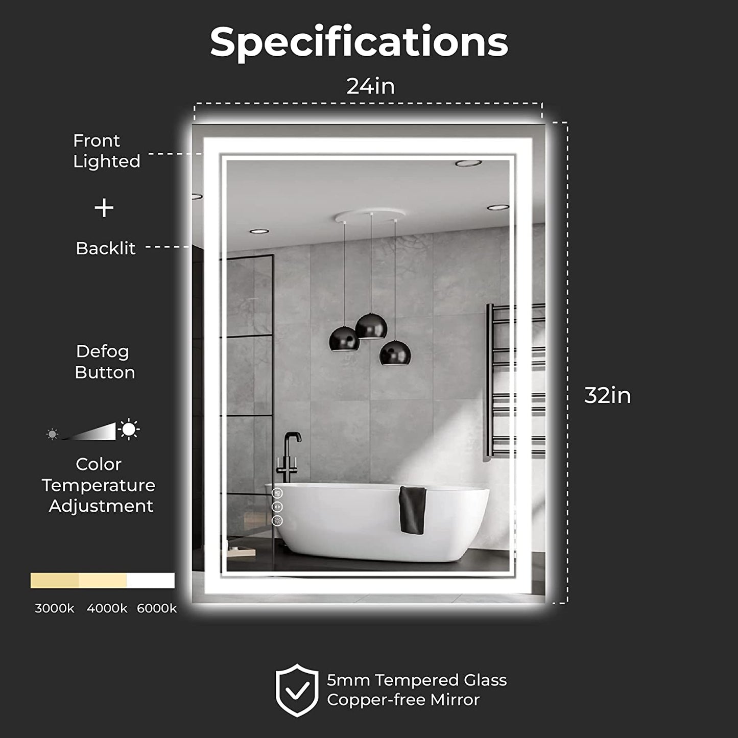 Awandee Backlit + Front-Lighted LED Mirror for Bathroom 24 x 32 Inch