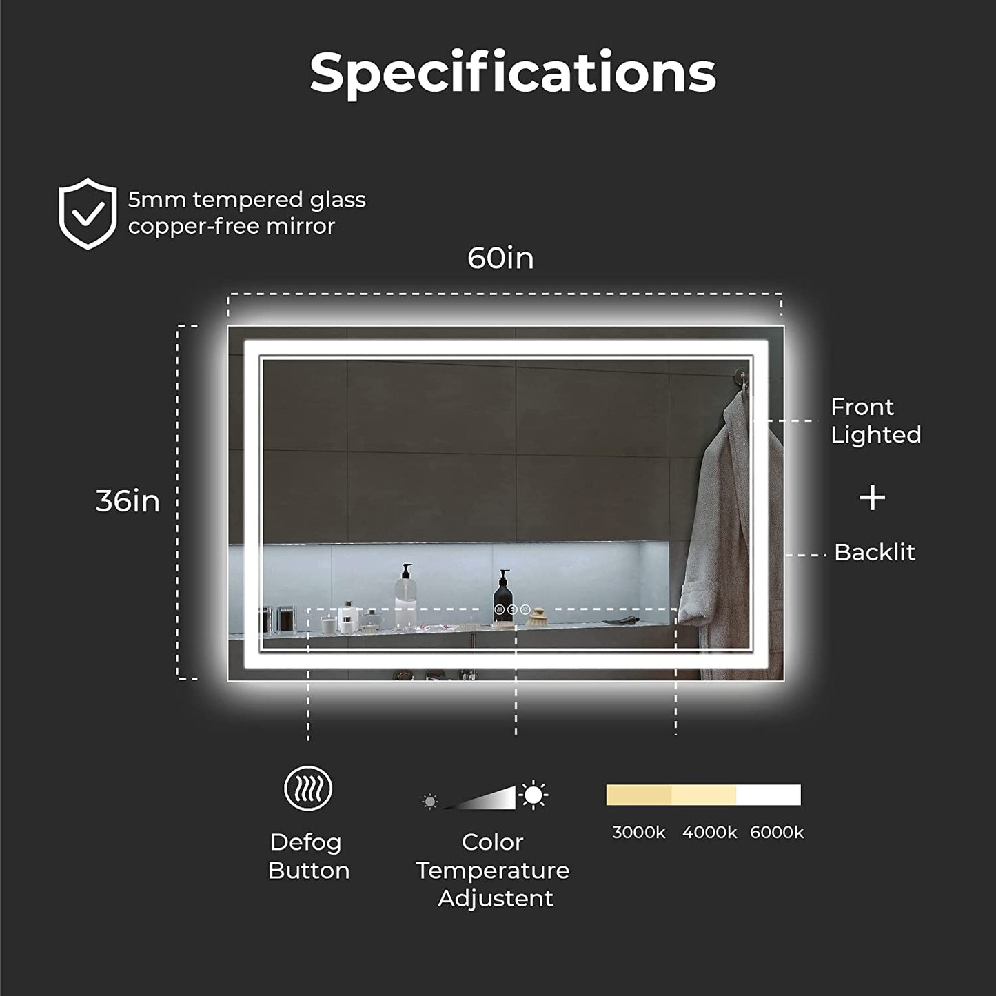 Awandee Backlit + Front-Lighted LED Mirror for Bathroom 60 x 36 Inch