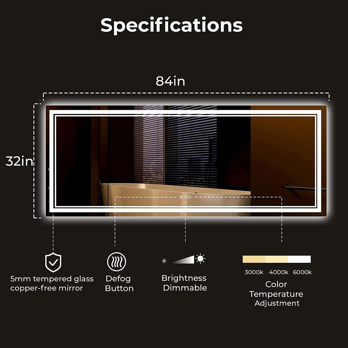 Awandee Home Backlit + Front Lighted Vanity Mirror for Bathroom 84 x 32 Inch