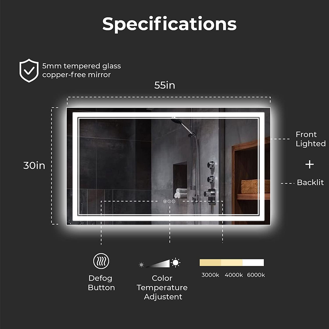 Awandee Backlit + Front-Lighted LED Mirror for Bathroom 55 x