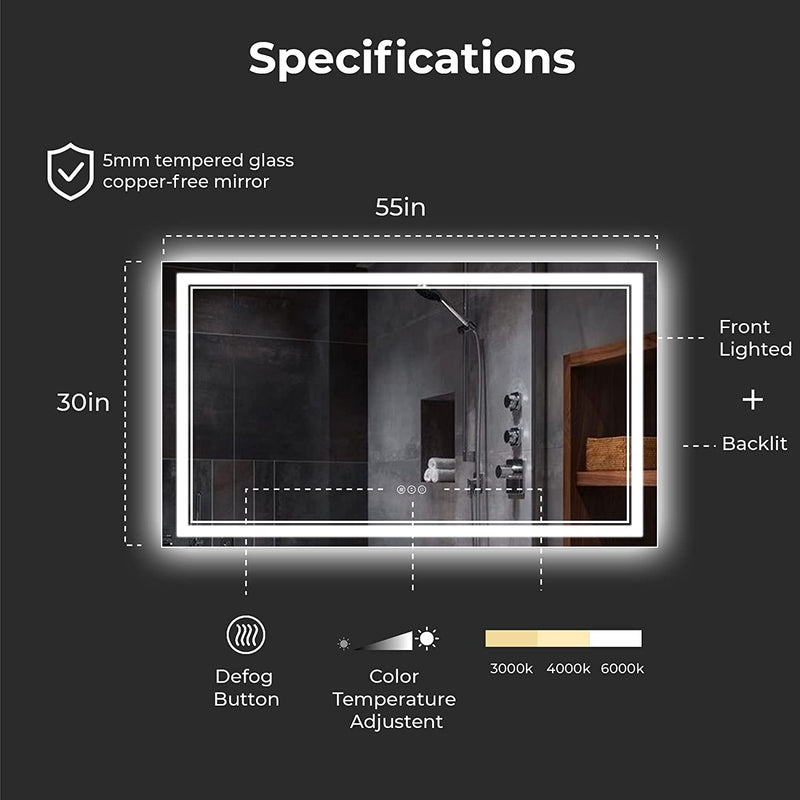 Awandee Backlit + Front-Lighted LED Mirror for Bathroom 55 x 30 Inch
