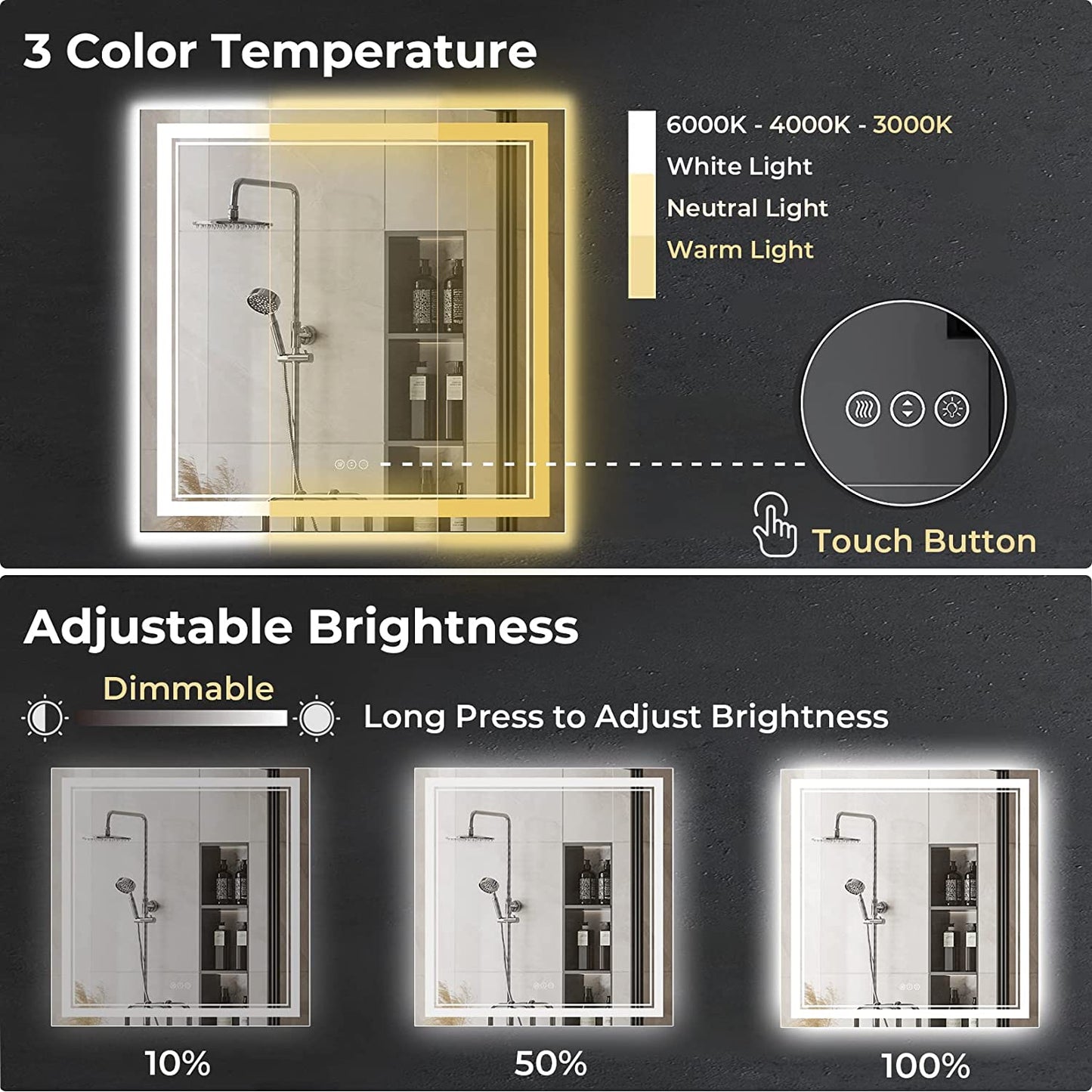 Awandee Home Backlit + Front Lighted Vanity Mirror for Bathroom 36 x 36 Inch
