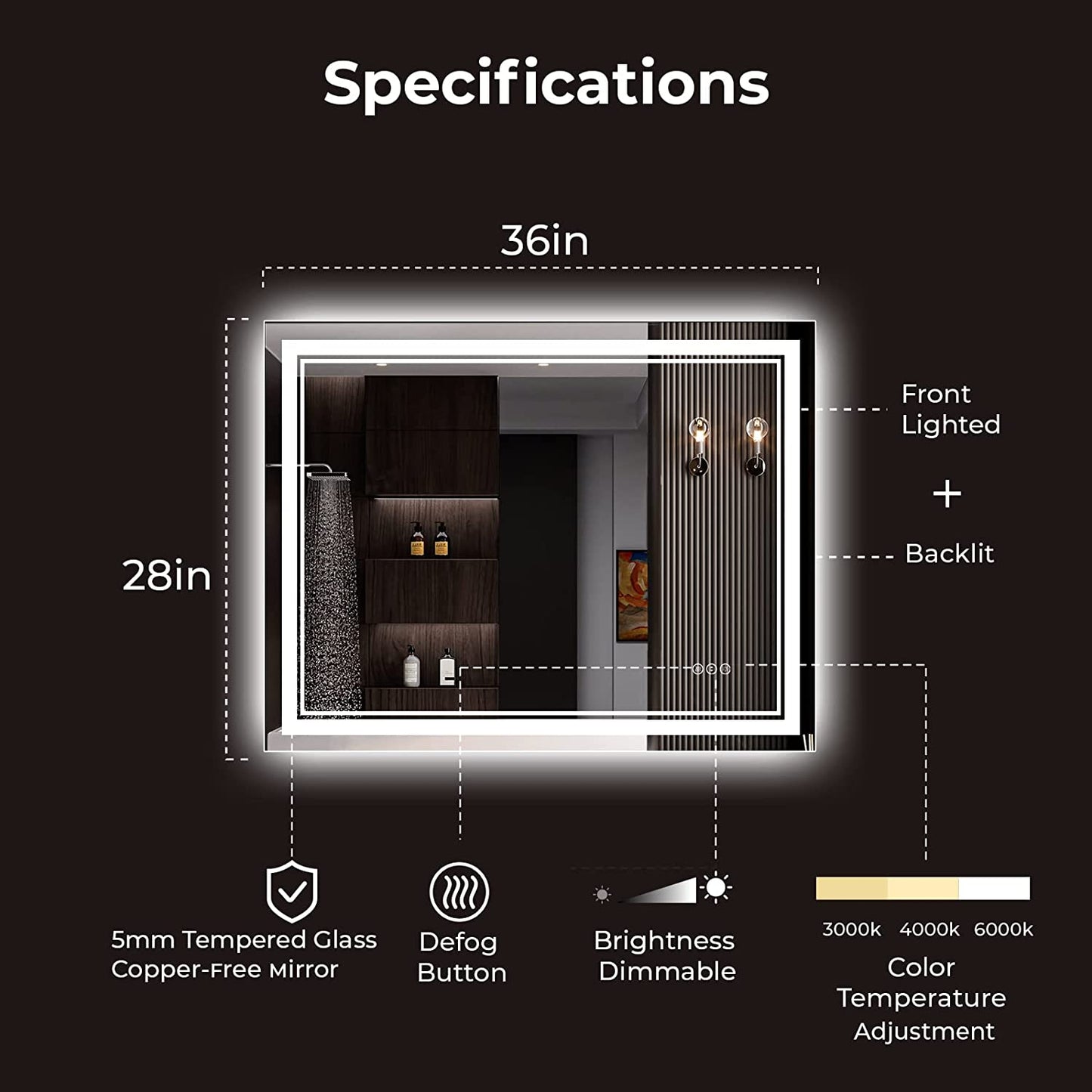 Awandee Backlit + Front-Lighted LED Mirror for Bathroom 28 x 36 Inch