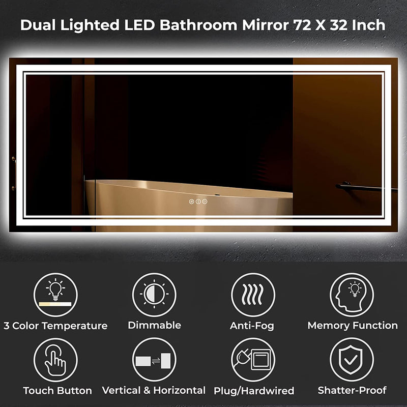 Awandee Home Backlit + Front Lighted Vanity Mirror for Bathroom 72 x 32 Inch